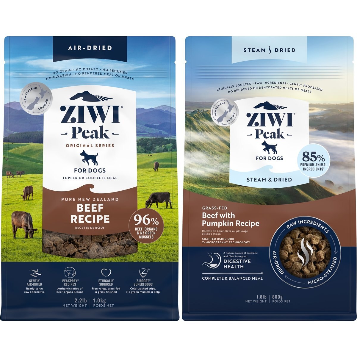 ZIWI Peak Beef Grain-Free Air-Dried Dog Food, 35.2-oz bag + Beef with Pumpkin Recipe Steam & Dried Dog Food, 28.8-oz bag