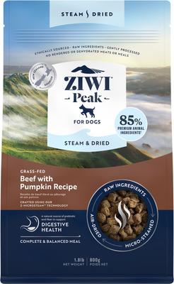 Show full view: ZIWI Peak Beef Grain-Free Air-Dried Dog Food, 35.2-oz bag + Beef with Pumpkin Recipe Steam & Dried Dog Food, 28.8-oz bag slide 6 of 9