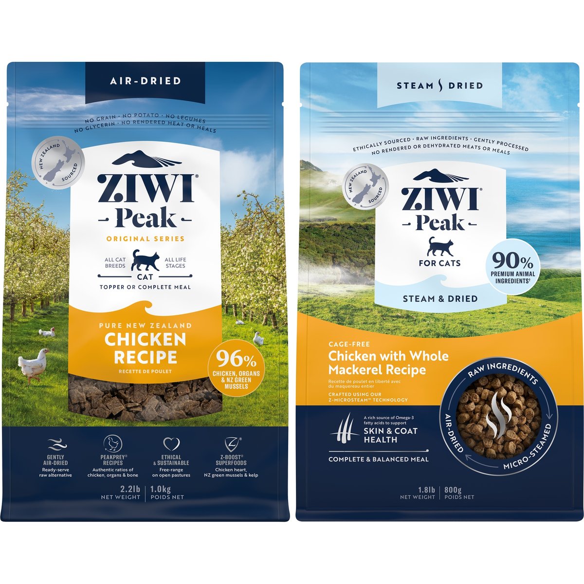 ZIWI Peak Chicken Recipe Air-Dried Cat Food, 35.2-oz bag + Chicken with Whole Mackerel Recipe Steam & Dried Cat Food, 28.8-oz bag