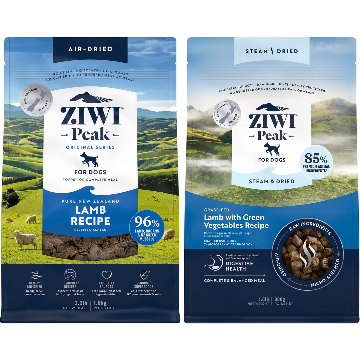ZIWI Peak Lamb Grain-Free Air-Dried Dog Food, 35.2-oz bag + Lamb with Green Vegetables Recipe Steam & Dried Dog Food, 28.8-oz bag