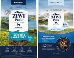 ZIWI Peak Mackerel & Lamb Grain-Free Air-Dried Dog Food, 35.2-oz bag + Lamb with Green Vegetables Recipe Steam & Dried Dog Food, 28.8-oz bag