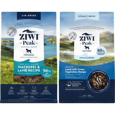 ZIWI ZIWI Peak Mackerel & Lamb Grain-Free Air-Dried Dog Food, 35.2-oz bag + Lamb with Green Vegetables Recipe Steam & Dried Dog Food, 28.8-oz bag