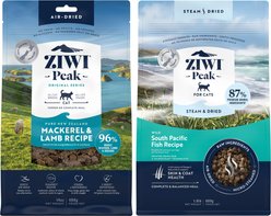 ZIWI Peak Mackerel & Lamb Recipe Air-Dried Cat Food, 14-oz bag + Wild South Pacific Fish Recipe Steam & Dried Cat Food, 28.8-oz bag