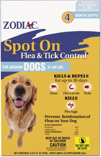 Show full view: Zodiac Flea & Tick Spot Treatment for Dogs, 31-60 lbs, 4 Doses (4-mos. supply) slide 1 of 4