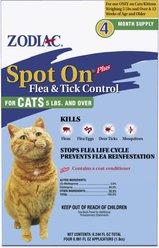 Zodiac Spot On Plus Flea & Tick Spot Treatment for Cats & Kittens, over 5-lbs, 4 Doses (4-Months Protection)