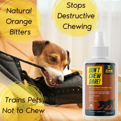 Show full view: Zone Protects Bad Dog Don't Chew Dare Deterrent Mist Spray, 4-fl oz bottle, 3 count slide 2 of 6