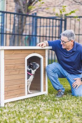 Show full view: Zylina Log Cabin PVC Roof Pine Wood Outdoor Dog House, Brown, Medium slide 7 of 9