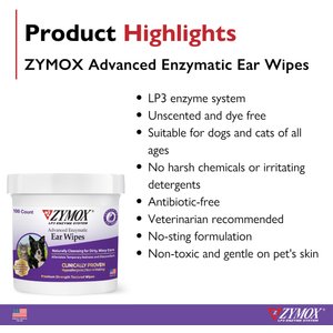 Zymox Advanced Enzymatic Dog & Cat Ear Wipes, 7.05-fl oz bottle, 100 count