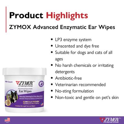 Show full view: Zymox Advanced Enzymatic Dog & Cat Ear Wipes, 7.05-fl oz bottle, 100 count slide 5 of 8