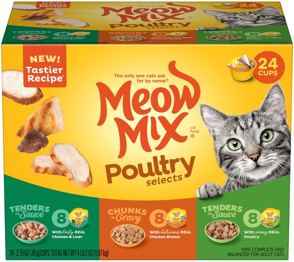Meow Mix Poultry Selections Variety Pack Cat Food Trays, 2.75-oz, case of 24 slide 1 of 4