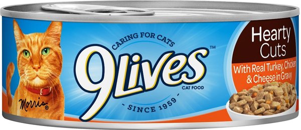 9 Lives Hearty Cuts with Real Turkey, Chicken & Cheese in Gravy Canned Cat Food, 5.5-oz, case of 24 slide 1 of 2