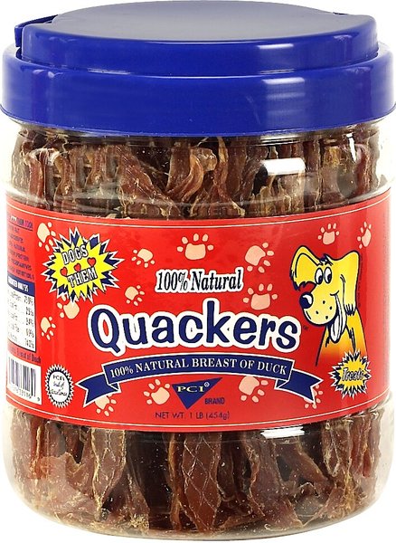 Pet Center Quackers Duck Breast Dog Treats, 1-lb jar slide 1 of 3
