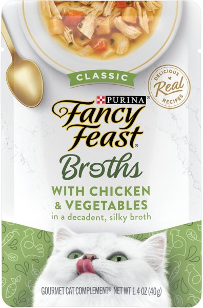 Fancy Feast Classic Broths with Chicken & Vegetables Supplemental Wet Cat Food Pouches, 1.4-oz, case of 16 slide 1 of 7