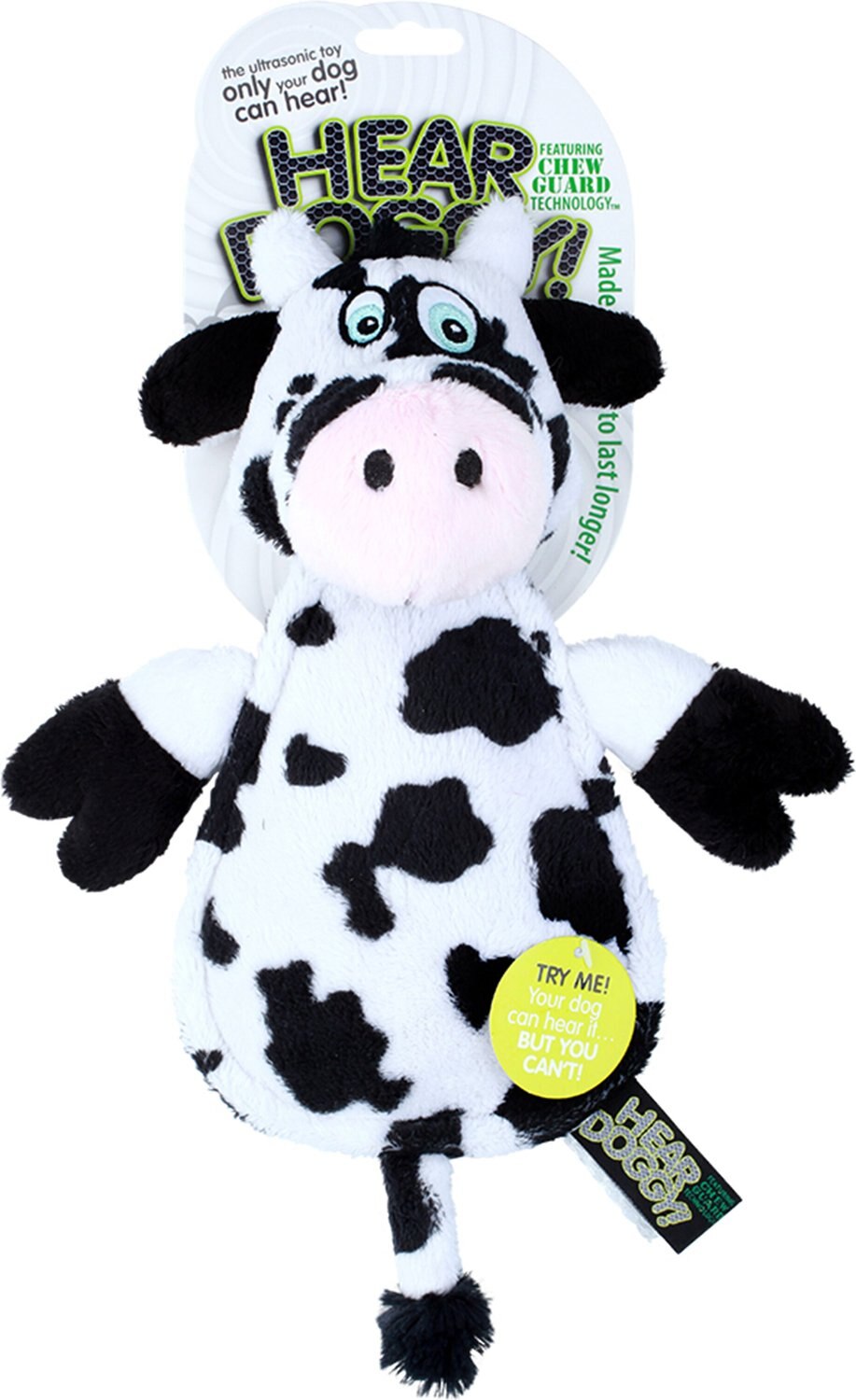 HEAR DOGGY Silent Squeaker Chew Guard Flattie Cow Plush Dog Toy