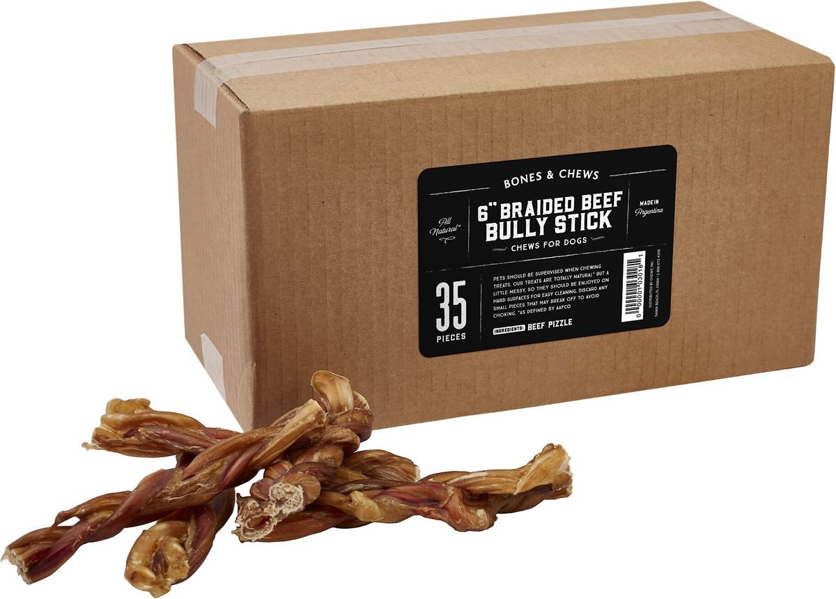 BONES & CHEWS Braided Bully Stick 6" Dog Treats, case of 35