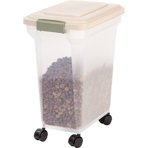 IRIS USA WeatherPro Airtight, Dog, Cat, Bird & Small-Pet Food Storage Container with Attachable Casters, Almond & Clear, 22-lbs/28-qt