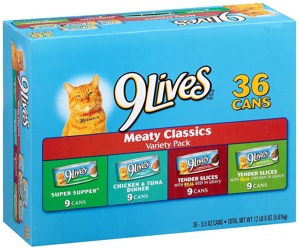 9 LIVES Four Flavor Canned Cat Food Variety Pack, 5.5oz, case of 36