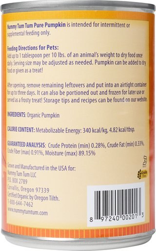 Nummy Tum-Tum Pure Organic Pumpkin Canned Dog & Cat Food Supplement, 15-oz, case of 12