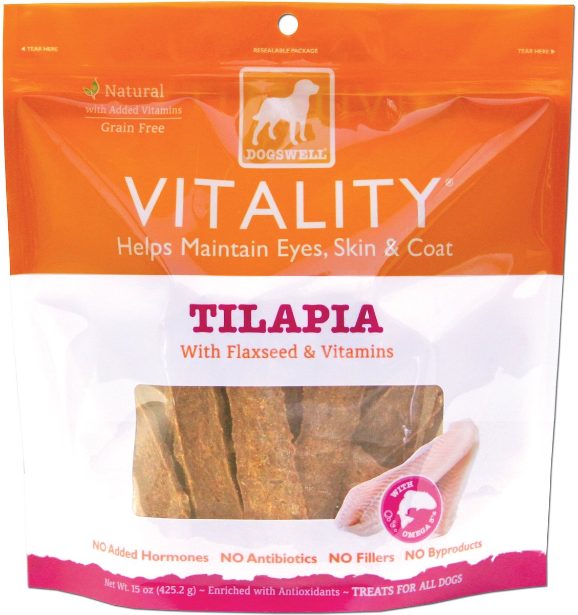 DOGSWELL Vitality Tilapia Jerky Dog Treats, 15oz bag