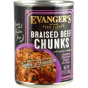 Evanger's Grain-Free Hand Packed Braised Beef Chunks with Gravy Canned Dog Food, 12-oz, case of 12