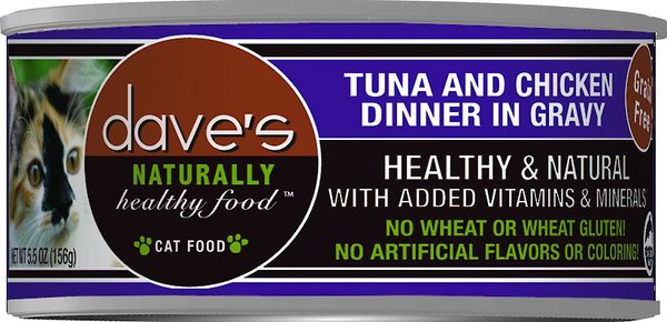 Dave's Pet Food Naturally Healthy Grain-Free Tuna & Chicken Dinner in Gravy Canned Cat Food, 5.5-oz, case of 24 slide 1 of 5