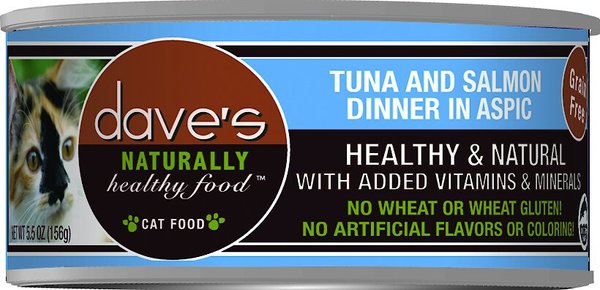 Dave's Pet Food Naturally Healthy Grain-Free Tuna & Salmon Dinner in Aspic Canned Cat Food, 5.5-oz, case of 24 slide 1 of 5