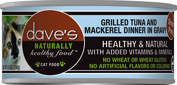 Dave's Pet Food Naturally Healthy Grain-Free Grilled Tuna & Mackerel Dinner in Gravy Canned Cat Food, 5.5-oz, case of 24 slide 1 of 2