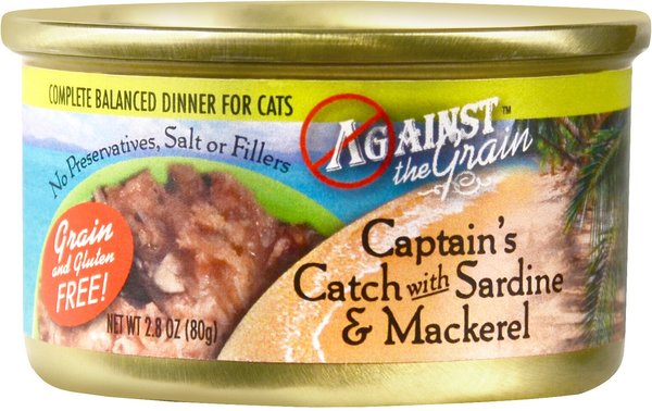 Against the Grain Captain's Catch with Sardine & Mackerel Dinner Grain-Free Canned Cat Food, 2.8-oz, case of 24 slide 1 of 3