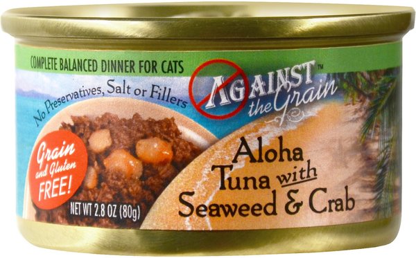 Discontinued AGAINST THE GRAIN Aloha Tuna with Seaweed Crab Dinner Grain Free Canned Cat Food 2.8 oz case of 24 Chewy