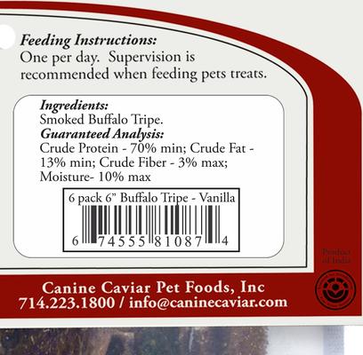 Show full view: Canine Caviar Buffalo Tripe Vanilla 6" Dog Treats, 6 pack slide 4 of 7