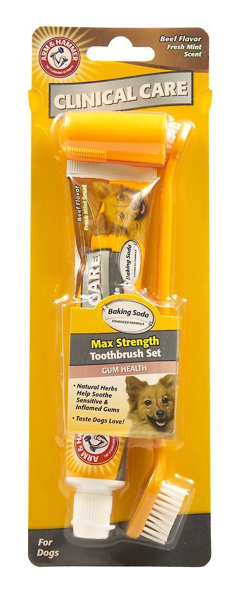 Arm & Hammer Dental Clinical Care Maximum Strength Plaque Cleaning Toothpaste & Three Sided Brush Set Kit for Dogs