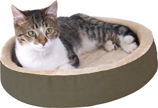 K&H Pet Products Thermo-Kitty Cuddle Up Indoor Heated Bolster Cat Bed, Mocha