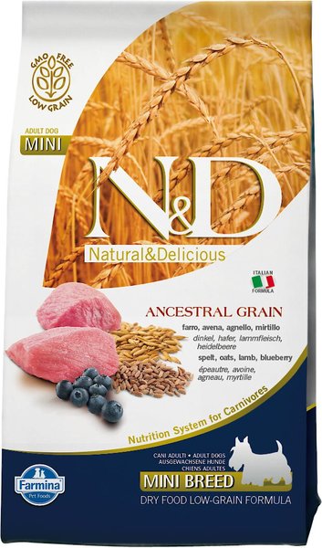 Farmina N&D Ancestral Grain Lamb & Blueberry Recipe Adult Mini Breed Dry Dog Food, 5.5-lb bag slide 1 of 7