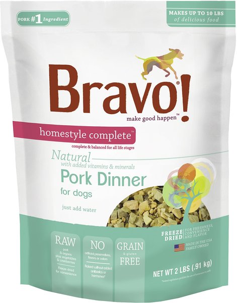 Bravo! Homestyle Complete Pork Dinner Grain-Free Freeze-Dried Dog Food, 2-lb bag slide 1 of 6