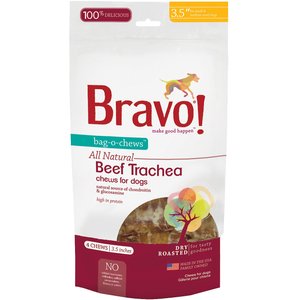 Bravo! Bag-O-Chews 3.5" Beef Trachea Chews Dry-Roasted Dog Treats, 4 count