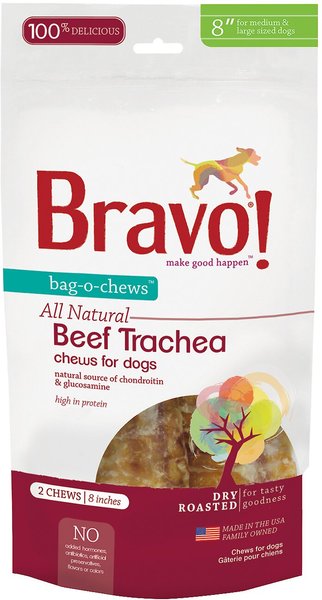 Bravo! Bag-O-Chews 8" Beef Trachea Chews Dry-Roasted Dog Treats, 2 count slide 1 of 5