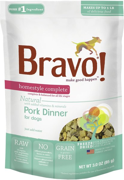 Bravo! Homestyle Complete Pork Dinner Grain-Free Freeze-Dried Dog Food, 3-oz bag slide 1 of 6