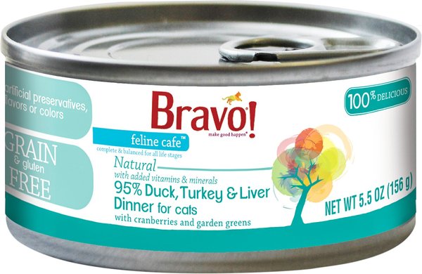 Discontinued BRAVO Feline Cafe 95 Duck Turkey Liver Dinner Grain Free Canned Cat Food 5.5 oz case of 24 Chewy