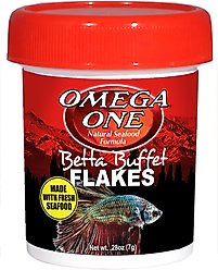 Omega One Betta Buffet Flakes Fish Food, .28-oz jar