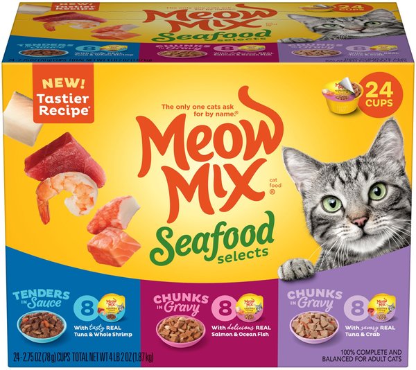 Meow Mix Seafood Selections Variety Pack Cat Food Trays, 2.75-oz, case of 24 slide 1 of 10