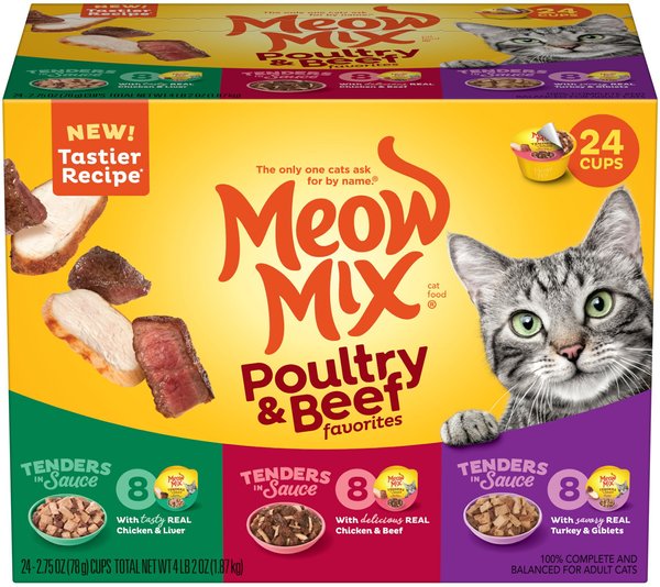 Meow Mix Tender Favorites Poultry & Beef Cat Food Trays Variety Pack, 2.75-oz, case of 24 slide 1 of 10