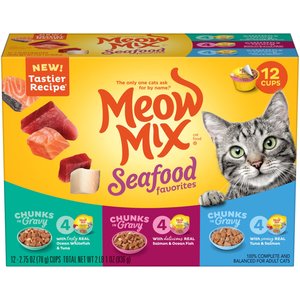 Meow Mix Savory Morsels Seafood Favorites Variety Pack Cat Food Trays, 2.75-oz, case of 12