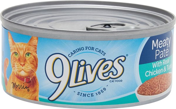 9 LIVES Meaty Pate with Real Chicken Tuna Wet Cat Food 5.5 oz can case of 24 Chewy