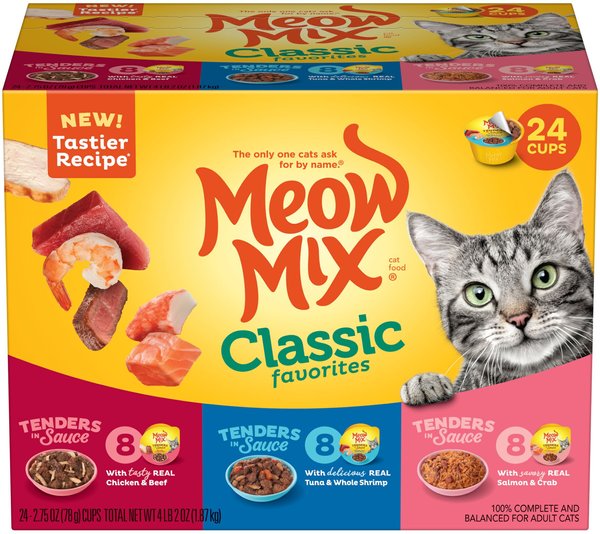 Meow Mix Classic Favorites Tenders in Sauce Variety Pack Wet Cat Food, 2.75-oz, case of 24 slide 1 of 10