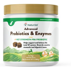 NaturVet Advanced Probiotics & Enzymes Plus Vet Strength PB6 Probiotic Soft Chews Digestive Supplement for Dogs, 120 count