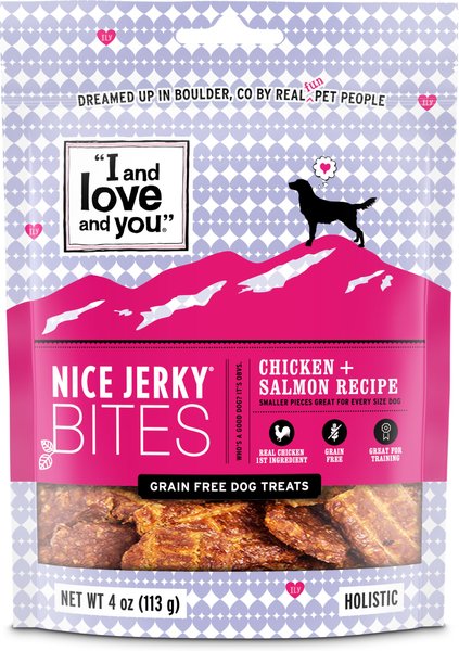 I and Love and You Nice Jerky Bites Chicken and Salmon Grain-Free Dog Treats, 4-oz bag slide 1 of 10