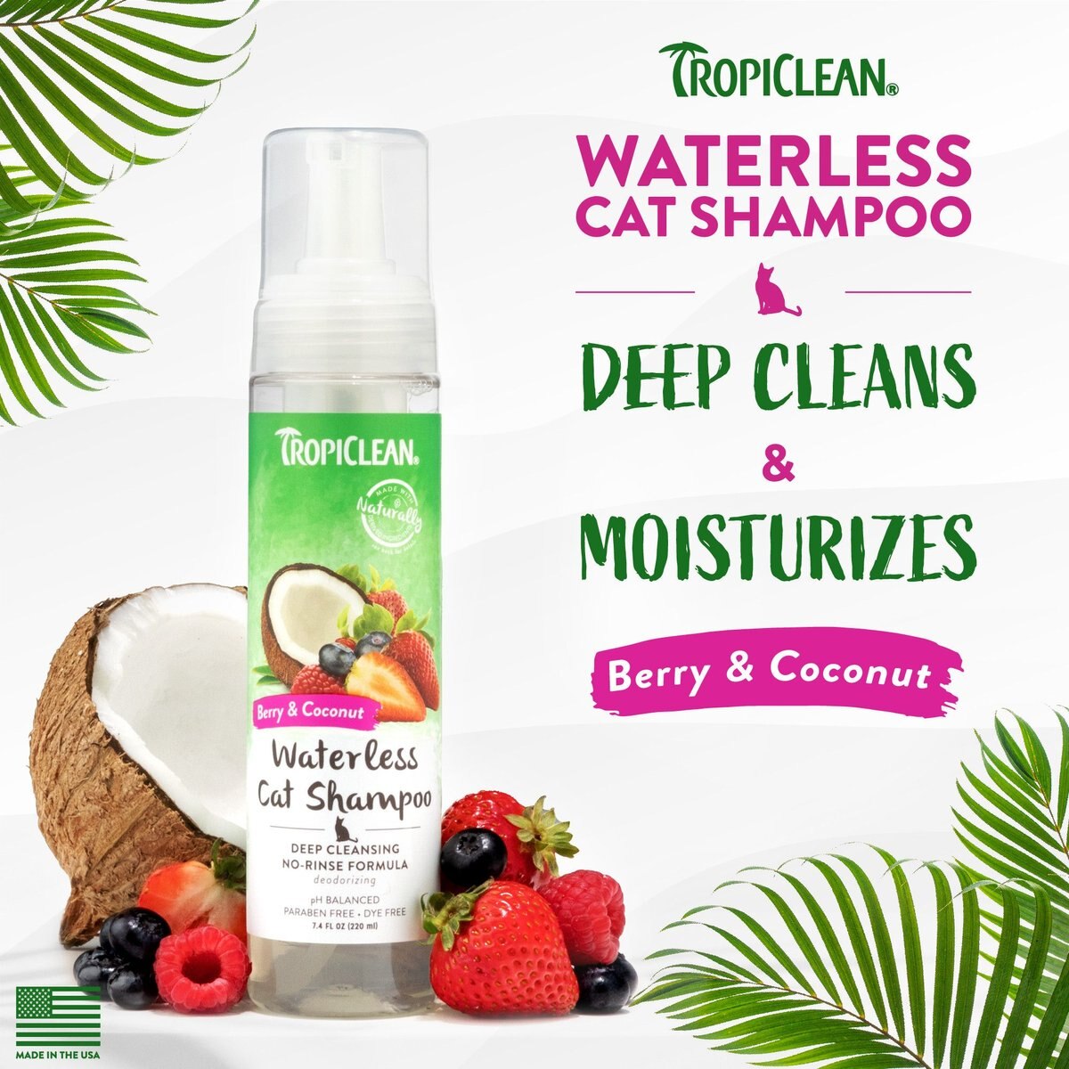 TROPICLEAN Waterless Deep Cleaning Cat Shampoo, 7.4oz bottle