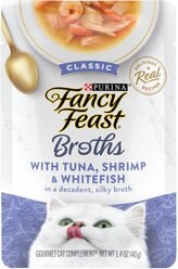 Fancy Feast Classic Broths with Tuna, Shrimp & Whitefish Supplemental Wet Cat Food Pouches, 1.4-oz pouch, case of 16