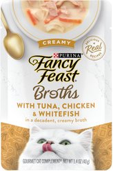Fancy Feast Creamy Broths with Tuna, Chicken & Whitefish Supplemental Wet Cat Food Pouches, 1.4-oz, case of 16