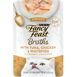 Fancy Feast Creamy Broths with Tuna, Chicken & Whitefish Supplemental Wet Cat Food Pouches, 1.4-oz, case of 16
